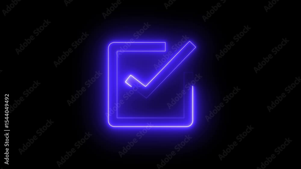 Glowing neon blue checkmark icon animation with black background. Glowing neon blue checkmark icon animation with black background.