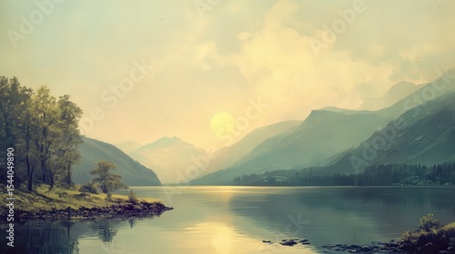 Serene lake scene at sunrise, framed by misty mountains.