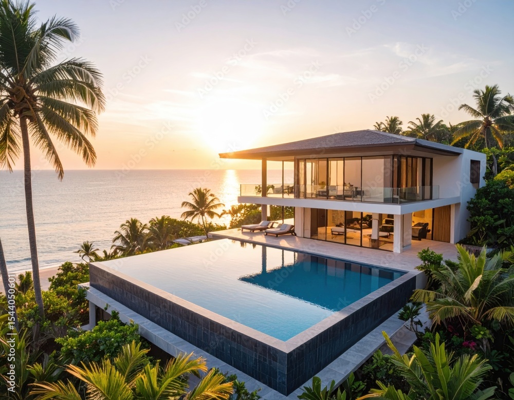 Fototapeta premium Luxury villa with infinity pool overlooking the ocean at sunset