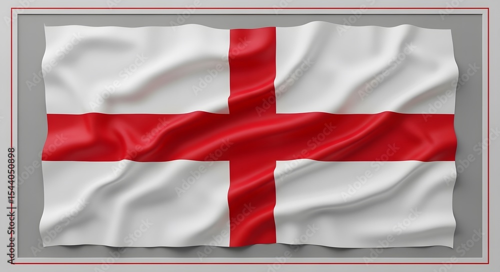 Fototapeta premium Waving English Flag with Red Cross on White Fabric, Framed in Gray