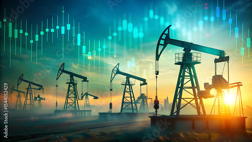 Silhouetted Oil Derricks at Sunset Glowing Ground Mist Teal Candlestick Chart Background