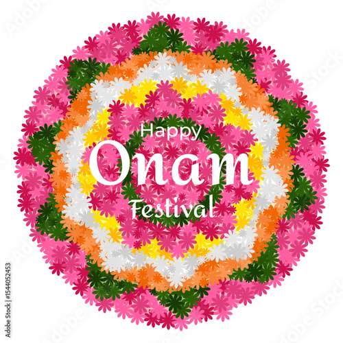 Colorful Pookkalam floral rangoli with Happy Onam Festival greeting. Traditional flower decoration made for Onam celebration in Kerala, India