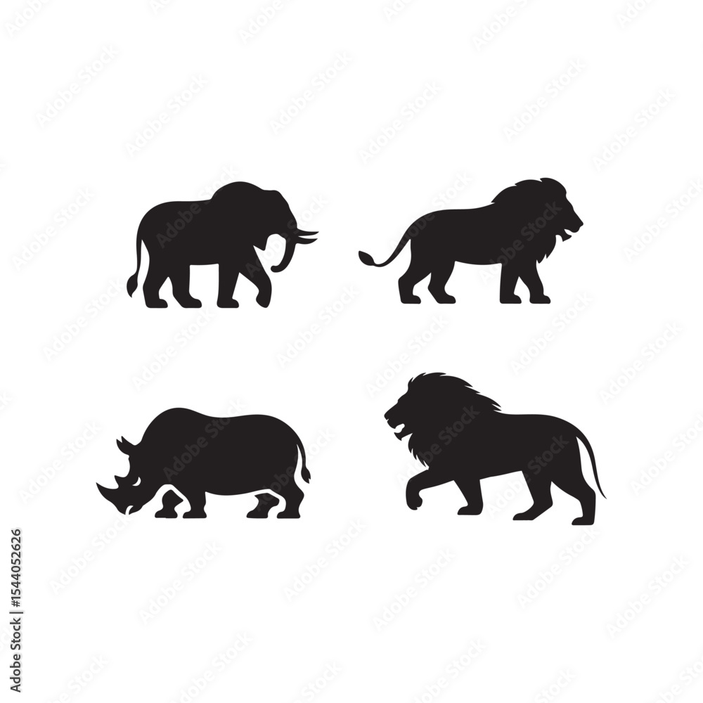 Fototapeta premium Simple Black Silhouettes of African Animals.Four silhouette icons of African animals—an elephant, a lion, a rhinoceros, and another lion—on a plain white background.