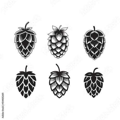 set of  stylized hop cones, perfect for beer-related design.This image features four distinct, black-and-white illustrations of hop cones.