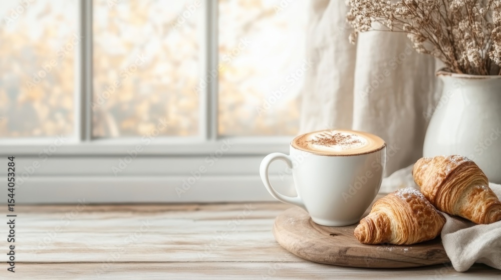 Obraz premium A serene coffee moment with a beautifully crafted latte and flaky croissants placed near a sunny window, conveying warmth and comfort perfect for a cozy morning experience.