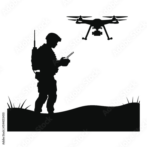 Soldier operating drone silhouette isolated on white background