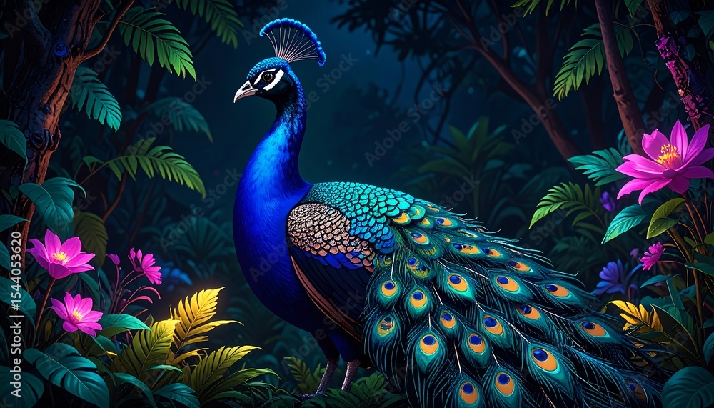 Fototapeta premium Majestic Peacock in Tropical Night.