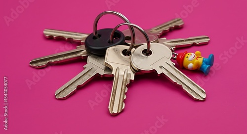 bunch of keys with keychain on a solid background