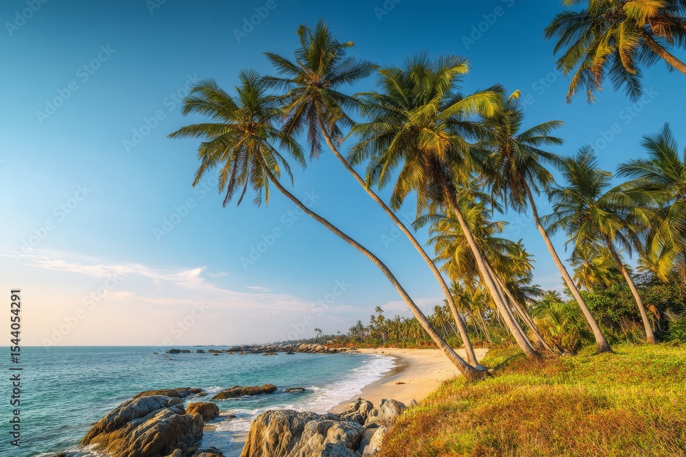 Fototapeta premium Scenic Beach Paradise Palm Trees Swaying on a Tropical Coastline Under a Clear Blue Sky