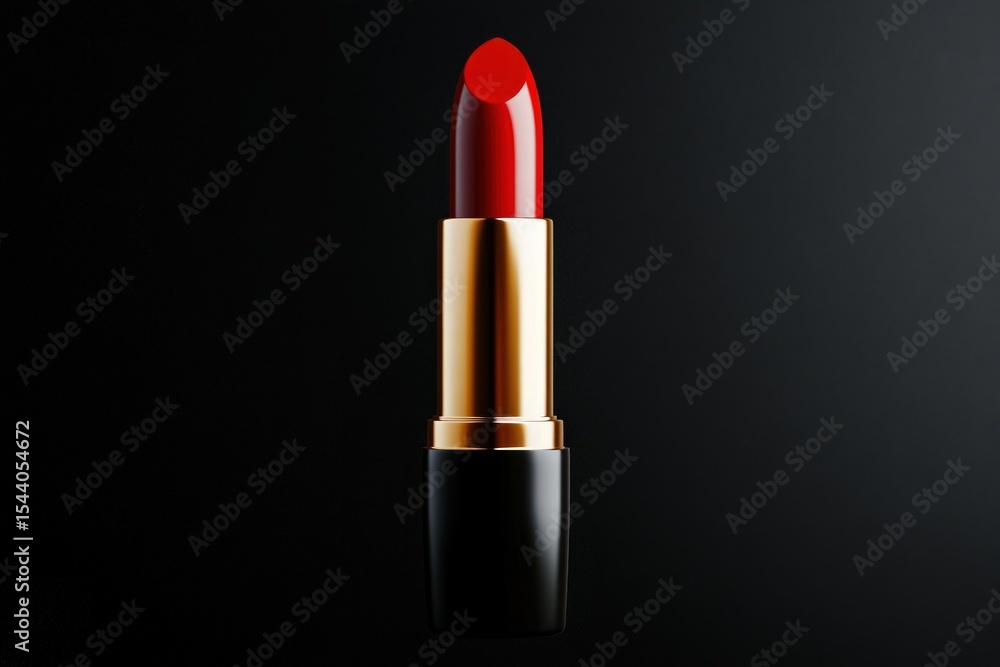 Red lipstick in elegant golden and black case standing upright on black background Red lipstick in elegant golden and black case standing upright on black background