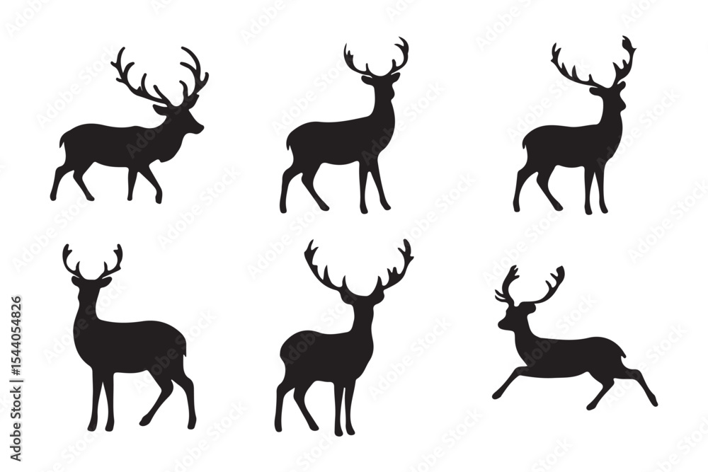 Fototapeta premium Deer silhouettes set vector illustration, black deer silhouette icon bundle