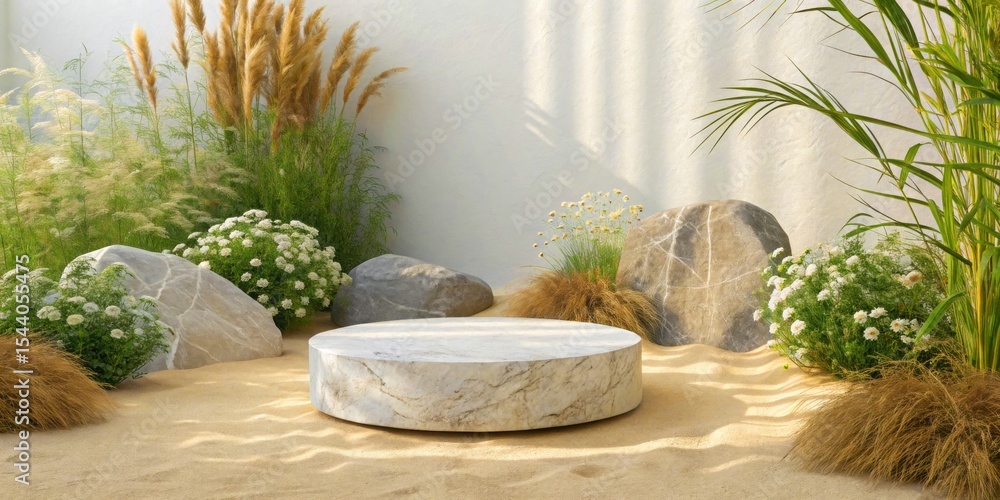 A round white marble podium sits in the sand surrounded by plants and rocks A round white marble podium sits in the sand surrounded by plants and rocks