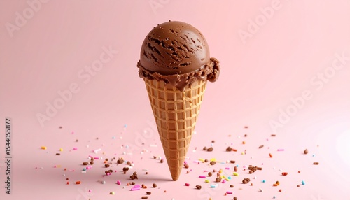 Chocolate ice cream in a waffle cone on a plain pink background with sprinkles and chocolate chips, for advertising with free space for text.