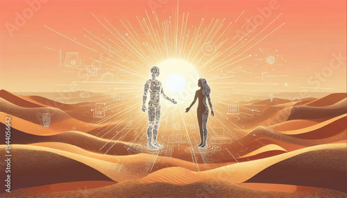A cyborg helps a half-girl, half-cyborg to completely merge his mind with AI to move into a new era of transhumanism against the backdrop of a desert with sunrise. Vector graphics. EPS.
