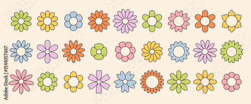 Set of groovy simple flowers. Abstract colorful flowers. Floral geometric design. Vector illustration in flat style