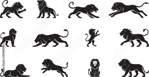 Lion Silhouette Vector Bundle – 12 Majestic Poses, Roaring, Walking, Attacking, Sitting and More