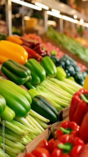 Freshly harvested colorful bell peppers and leafy greens displayed at farmers market produce stand under bright natural light