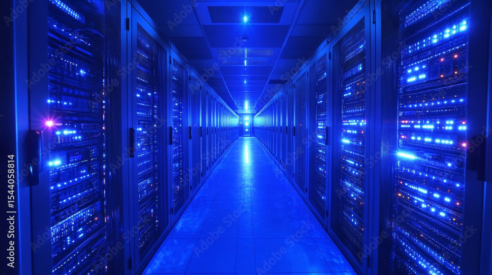 Fototapeta premium Illuminated server room with rows of servers and blue lighting in a data center facility