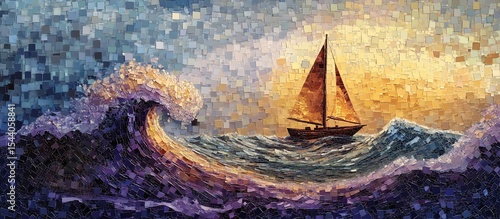 Sailboat Wave Ocean Sunset Art.