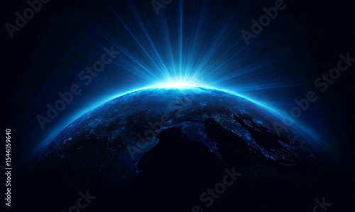 Vibrant blue light illuminates Earth's horizon from space, symbolizing global dawn and the concept of new beginnings. Abstract celestial vision of future potential.