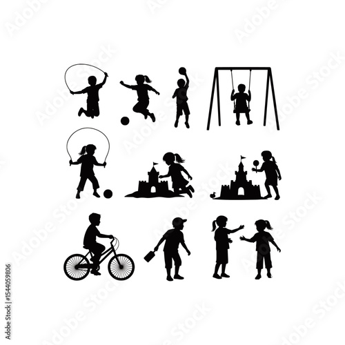 children silhouette vector playing bicycle jump rope and swing