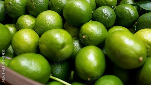 Pile of fresh and vibrant green limes filling the frame, offering a juicy and acidic flavor profile, perfect for healthy beverages