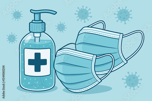 Medical supplies for virus prevention: Hand sanitizer gel pump bottle and blue surgical face masks. Health hygiene protection against coronavirus, bacteria, infection. Safety measures during pandemic.