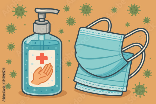 Coronavirus prevention concept with hand sanitizer and face masks. Hygiene and protection against virus transmission. Disinfectant gel and surgical mask medical supplies vector illustration.