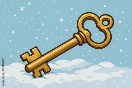 Antique golden key resting on snowy ground, a magical cartoon vector illustration. Symbolic design for unlocking secrets, mysteries, solutions, access, wisdom, discovery, and fantasy concepts.