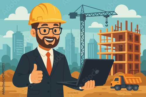 Happy Architect Engineer Supervising Urban Construction Project with Laptop. Professional Man on Building Site Giving Thumbs Up. City Development Planning, Modern Vector Cartoon Illustration.