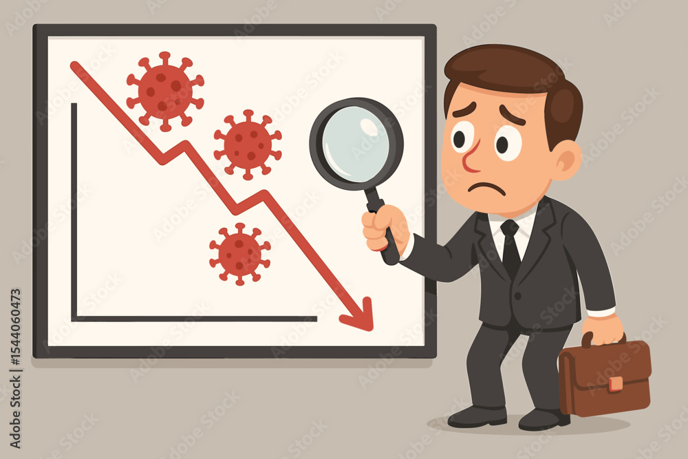 Sad businessman analyzing coronavirus economic impact. Worried investor looks at falling graph with magnifying glass. Financial crisis, recession, market crash vector concept. Sad businessman analyzing coronavirus economic impact. Worried investor looks at falling graph with magnifying glass. Financial crisis, recession, market crash vector concept.