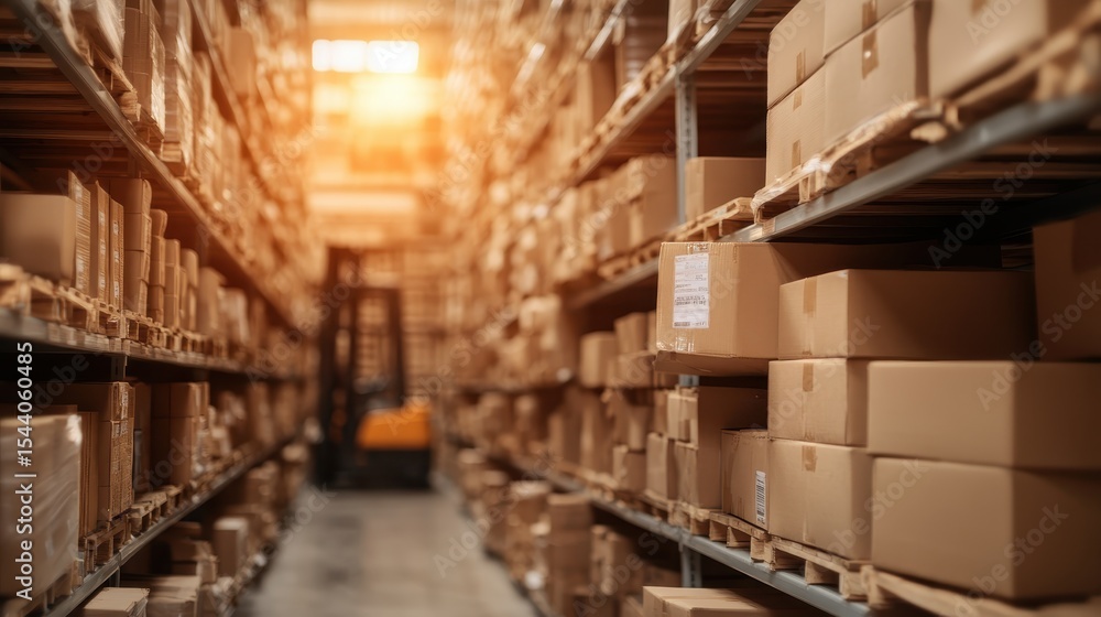 Fototapeta premium A vibrant interior of a warehouse filled with neatly stacked boxes and pallets catches the sunlight, encapsulating the essence of organized logistics and efficiency.