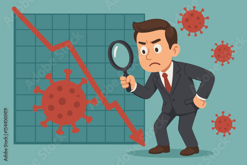 Worried businessman analyzing global economic recession, financial crisis, market downturn, and falling stock graph chart due to coronavirus pandemic impact. Business downturn vector illustration.