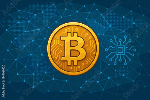 Bitcoin Cryptocurrency Coin, Blockchain Network Connection, Microcircuit Icon on Global Virtual Screen. Digital Finance, Secure Decentralized Transaction Technology. Vector Cartoon Illustration.