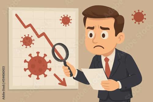 Businessman analyzing economic downturn from coronavirus pandemic impact on falling financial graph. Worried business executive looking at market crisis data, global recession, corporate stress.