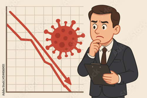Worried businessman analyzing coronavirus economic impact on falling financial graph. Global pandemic crisis, stock market decline, business recession, economic downturn, vector cartoon illustration