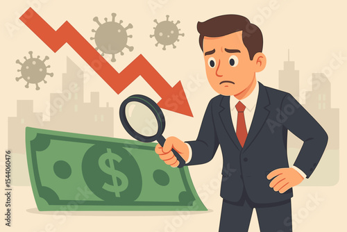 Concerned businessman analyzing global economic crisis and pandemic impact on financial markets, showing money decline, business downturn, and recession effects, vector illustration.