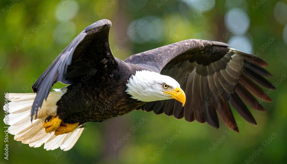 Obraz premium Bald Eagle in Flight with Green Background.
