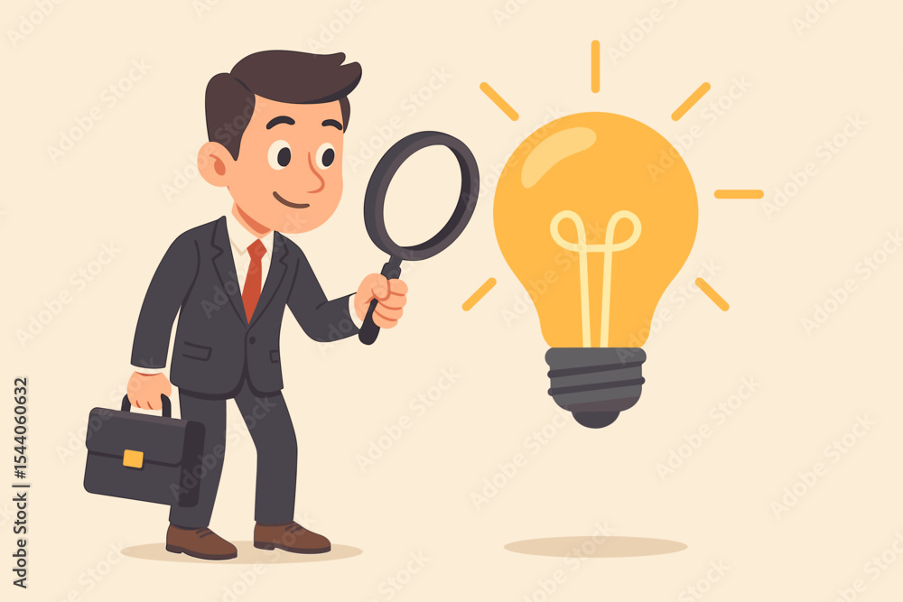Businessman examining glowing light bulb with magnifying glass, symbolizing creative ideas, innovation, research, problem solving, business insight, strategy, discovery, cartoon vector. Businessman examining glowing light bulb with magnifying glass, symbolizing creative ideas, innovation, research, problem solving, business insight, strategy, discovery, cartoon vector.