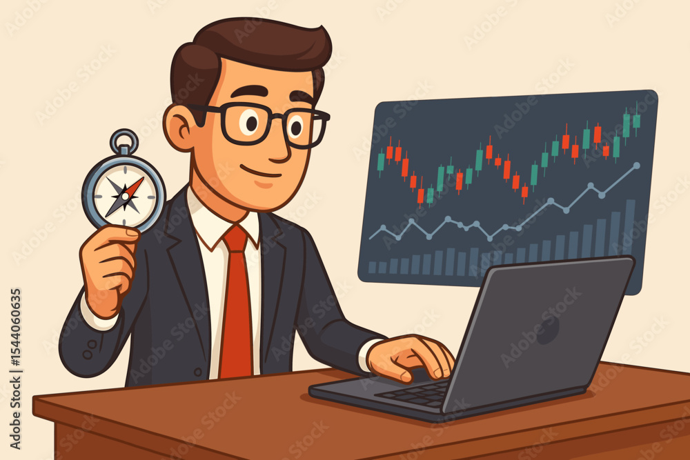 Financial analyst holding compass for market direction and guidance. Businessman with laptop studies stock exchange candlestick chart. Investment strategy and economic forecast concept. Financial analyst holding compass for market direction and guidance. Businessman with laptop studies stock exchange candlestick chart. Investment strategy and economic forecast concept.
