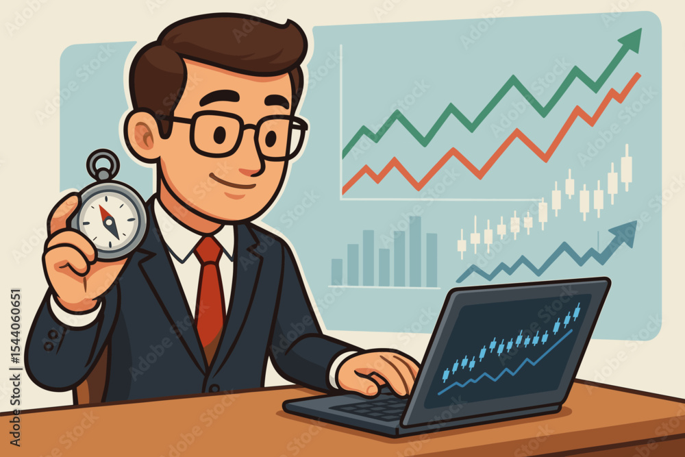 Professional businessman analyzing financial data on laptop with stock market graphs, holding a compass for strategic direction, investment guidance, and future growth. Vector cartoon illustration. Professional businessman analyzing financial data on laptop with stock market graphs, holding a compass for strategic direction, investment guidance, and future growth. Vector cartoon illustration.