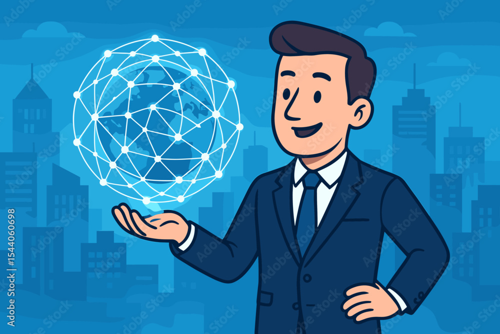 Smiling Businessman Holding Glowing Global Network Connection Sphere in Blue Cityscape. Cartoon Vector Illustration of Worldwide Communication, Internet, Technology, and Business Success, Future. Smiling Businessman Holding Glowing Global Network Connection Sphere in Blue Cityscape. Cartoon Vector Illustration of Worldwide Communication, Internet, Technology, and Business Success, Future.