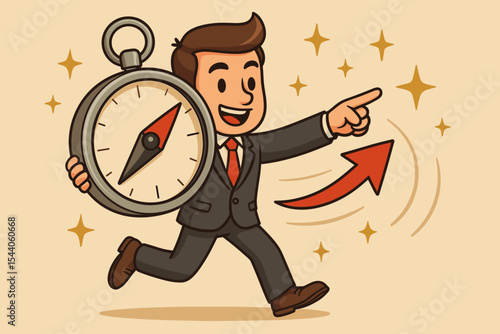 Determined Businessman Navigating Success, Holding Compass & Pointing Forward. Cartoon Vector Illustration of Man Guiding Future Path, Business Strategy, Goal Achievement, Progressive Direction.