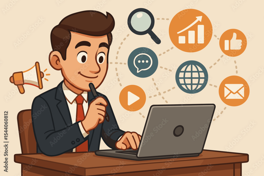 Businessman strategizing digital marketing on laptop. Cartoon professional working on online business strategy, SEO, social media, analytics, internet communication, and advertising for growth. Businessman strategizing digital marketing on laptop. Cartoon professional working on online business strategy, SEO, social media, analytics, internet communication, and advertising for growth.