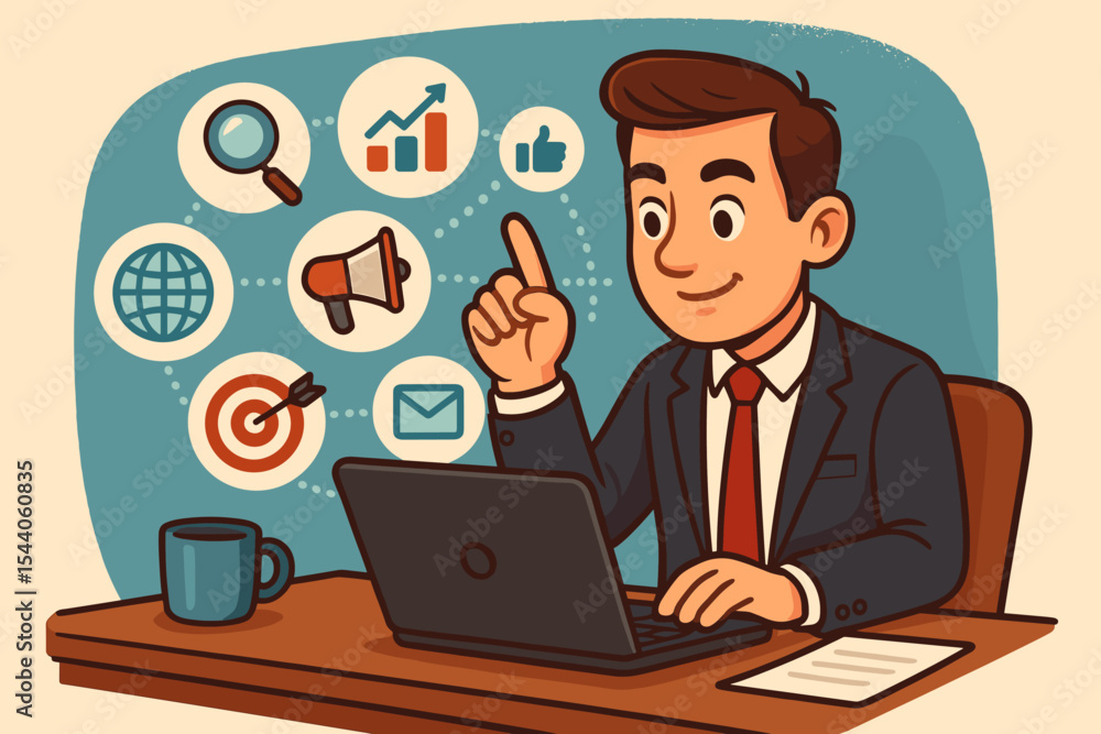 Businessman at desk with laptop plans digital marketing strategy. Cartoon vector concept with icons for SEO, social media, email, analytics, and advertising. Business growth. Businessman at desk with laptop plans digital marketing strategy. Cartoon vector concept with icons for SEO, social media, email, analytics, and advertising. Business growth.