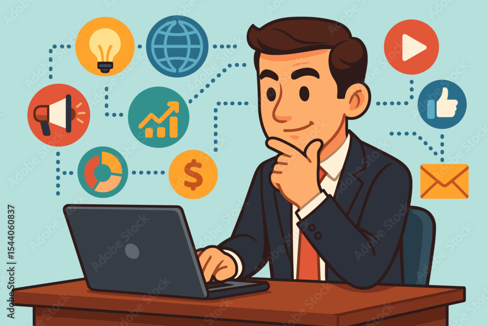 Businessman strategizing digital marketing campaign on laptop. Concept of business growth, data analysis, content creation, email marketing, and social media management. Vector cartoon illustration. Businessman strategizing digital marketing campaign on laptop. Concept of business growth, data analysis, content creation, email marketing, and social media management. Vector cartoon illustration.