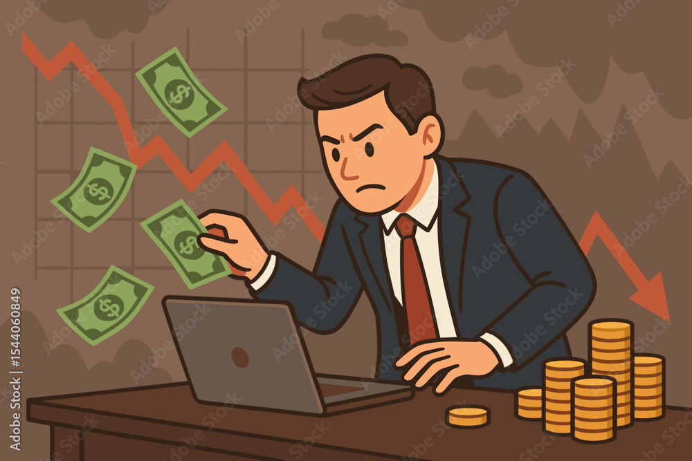 Businessman Losing Money Amidst Stock Market Crash and Financial Recession. Worried Investor Facing Economic Crisis, Dwindling Banknotes, Debt, and Business Bankruptcy. Global Economy Downturn Vector. Businessman Losing Money Amidst Stock Market Crash and Financial Recession. Worried Investor Facing Economic Crisis, Dwindling Banknotes, Debt, and Business Bankruptcy. Global Economy Downturn Vector.