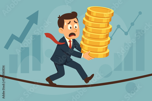 Businessman balancing on a tightrope with gold coins. Concept of financial risk, investment volatility, and economic uncertainty. Stressed manager on high wire. Metaphor for debt.