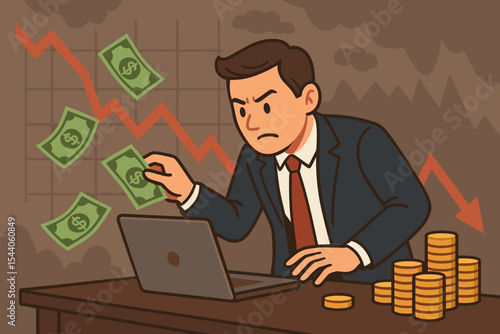 Businessman Losing Money Amidst Stock Market Crash and Financial Recession. Worried Investor Facing Economic Crisis, Dwindling Banknotes, Debt, and Business Bankruptcy. Global Economy Downturn Vector.