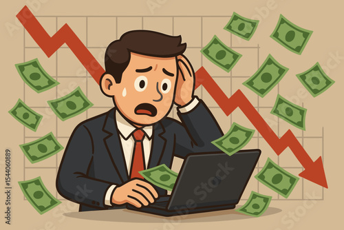 Stressed businessman concept financial crisis. Worried investor panics over stock market crash. Man losing money looking at laptop. Economic recession, bankruptcy metaphor.
